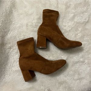 Classic suede round-toe bootie with a chunky heel.